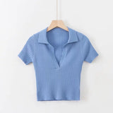 Crop Top Female Polo Shirts Summer Short Sleeve T-shirt Women's Vintage Clothes Ribbed Solid Slim Knit Top Cropped Tees