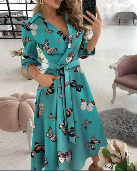 Spring Summer Lady Cover Up Women&#39;s Shirt Dress Wave Print Long Sleeve V-Neck Casual Loose Holiday Midi Dress Plus Size