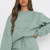 Green Vintage Letters Embroidered Crewneck Sweatshirt Women Winter Tops Oversized Girls Streetwear New Korean Fashion Pullovers