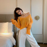 New Spring Summer Women Casual Loose V-neck Knitted Long Sleeve T-shirt Autumn Sexy Club Solid Off Shoulder Thin Crop Tops Shirt