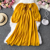 Autumn Women Slash Neck Long Sleeve Midi Dress Female Yellow/Red/Pink High Waist Ruffle Big Swing Chiffon Dresses Fashion 2022 - Bjlxn