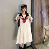 Bjlxn Harajuku Sailor Collar Navy Dress Japanese Lolita Sweet Bow-knot Girl Retro Cotton Kawaii Preppy Style Short Sleeve Dress Women - Bjlxn