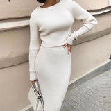 Elegant stripe two piece dress White round neck knit dress High waist street style Autumn winter dress two piece set