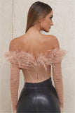 New Fashion Feathers Strapless Off Shoulder Winter Long Sleeve Bandage Bodysuit Women Sexy Fashion Party Bodysuit