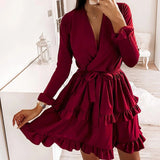 CVYATAYA New Arrived Flared Sleeves Ruffles V Neck Sexy Dress Women Spring Autumn Long Sleeve A-Line Solid Sashes Mini Dresses - Bjlxn