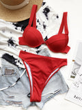 Sexy Ribbed Underwired Bikini Women Solid V-bra Push Up Padded Two-pieces Bikini Set High Cut Bathing Suit Thong Swimsuit