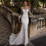 Bjlxn New Arrival Illusion O Neck Full Sleeves Detachable Skirt Mermaid Wedding Dresses Appliqued Crystal Lace Bridal Gowns