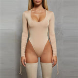 Women Skinny Solid Bodysuit Sexy Ladies Bodycon O-Neck Long Sleeves Bodysuit Drawstring Beige Black Female Casual Body Suit - Bjlxn