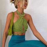 Bjlxn Green Sexy Bandage Halter Crop Tops for Women Sleeveless Backless Club Party Chic Wrap Cropped Top Slim Streetwear