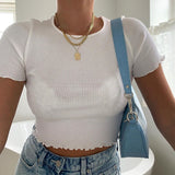 Shestyle Ruffles Short Sleeve Crop Tops Women New Trend O Neck Plain Solid Sexy Skinny T Shirts Summer Autumn Basic Tees