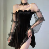 Bjlxn Gothic Sexy Dress Vintage Off Shoulder Lantern Sleeve Mesh Patchwork Mini Dress Dark Street Black Dress Female