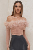 New Fashion Feathers Strapless Off Shoulder Winter Long Sleeve Bandage Bodysuit Women Sexy Fashion Party Bodysuit