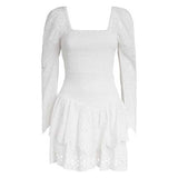 Boho Inspired long sleeve autumn white dress women cotton smocked bodice sexy party dress eyelet embroidery mini dress for women