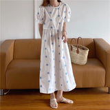 Kitty Vinatge Floral Embroidery Elegant Women Dress New Summer Korean Style Puff Sleeve Party Long Dresses Vestidos