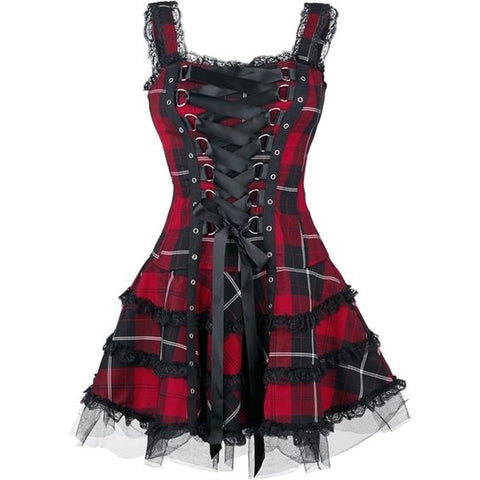 Dress Women Classic Frill Lace Dresses Sleeveless Plaid Vintage Gothic Mini Dresses Ball Gowns Cosplay Costume Plus Size Dress - Bjlxn