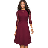 Nice-forever Autumn Solid Color with Hollow Out Lace Patchwork Retro Dresses Business Party Flare Swing Women Dress A234