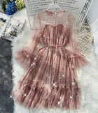 2022  New Female O-neck Stars Sequined Mesh Shiny Fairy Dress Women Elegant Bling Gauze Princess Puff Dresses Vestidos De Fiesta - Bjlxn