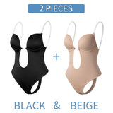 Bodysuit Shapewear Deep V-Neck Body Shaper Backless U Plunge Thong Shapers Waist Trainer Women Clear Strap Padded Push Up Corset