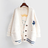 AZYT Women Autumn Winter Knitted Cardigan Cartoon Embroidery Oversize Sweater Coat Harajuku Loose Elegant V Neck Women Cardigans - Bjlxn