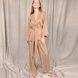 Solid Color Sleepwear Loose Flare Home Pants Three Quarter Sleeve Satin Robe Sets Bathrobe For Women Pajama Fashion Spring