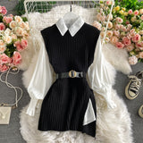 Woherb 2021 Korean Spring Autumn Women Knitted Pullovers Vest + White Blouse Casual Belt Suit Two Piece Set Conjuntos Mujer - Bjlxn