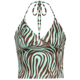 Wave Print Y2K Brown Halter Camisole Women V-neck Shirring Skinny Corset Tops Aesthetic Korean Summer Harajuku Tee Cuteandpsycho