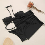 Sexy 3-Piece Bikinis Suit Halter Swimwear Women Beachwear Wave Point Swimsuit Female Holiday Beach Skirt Black Bikini Set