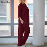 2PCS Autumn Matching Sets Women Fashion Solid 3/4 Sleeve Blouse Casual Loose Wide Leg Trousers Cotton Pant Sets Oversize Suits