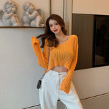 New Spring Summer Women Casual Loose V-neck Knitted Long Sleeve T-shirt Autumn Sexy Club Solid Off Shoulder Thin Crop Tops Shirt