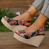 Bohemian Style Print Wedge Sandals for Women Peep Toe Chunky Platform Shoes Woman Summer Thick Bottom Gladiator Sandalias Mujer