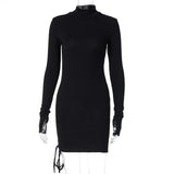 Turtleneck Knitted Sweater Dress Women Long Sleeve Mini Dress Drawstring Ruched Bodycon Fall Winter Dresses