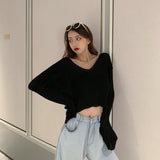 New Spring Summer Women Casual Loose V-neck Knitted Long Sleeve T-shirt Autumn Sexy Club Solid Off Shoulder Thin Crop Tops Shirt