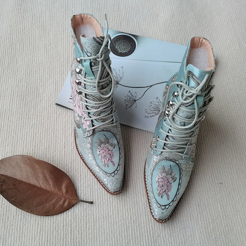 Women ankle boots plus size 22-28cm women shoes Chinese style embroidered flowers blue boots Fortune Flower women boots 7 colors