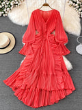 Bjlxn Holiday Style Ankle Length Long Dresses Women  Spring New V Neck Puff Sleeve Lace Elegant Evening Party Summer Dress