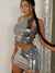 Metallic Baddie 2 Piece Sets Women Outfit 2023 Crop Top And Mini Skirt Set Y2K Sexy Night Club Rave Outfit New In Matching Set