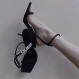 New Square Toe Women Sandals Crystal Letters Decor Women Pumps Sexy High Heels Silk Wedding Dress Shoes Gladiator Sandal