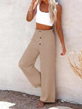 Spring Autumn Button Wide Leg Pants Women Solid Casual Cotton Linen Long Pants Elegant Female Slim Straight Thin Trousers