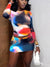 Multicolor Print Two Piece Set Women Sexy O-neck Long Sleeve T-shirts and Mini Skirt Matching Party Club Outfits