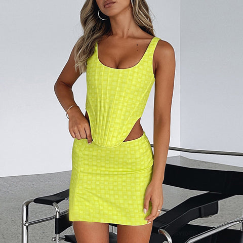Bjlxn New Sexy Womens 2 Piece Summer Outfits Fashion Printed Zipper Back Strap Corset Tops + Mini Skirt Set Club Street Casual Outfit