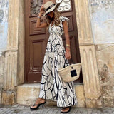 2023 Spring and Summer New Geometric Print V-neck Ruffled Long Dress