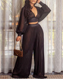 Bjlxn Ladies Long Sleeved Black V-Neck Top Loose Stitching Pleated Wide Leg Pants Two-Piece Set