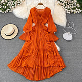 Bjlxn Holiday Style Ankle Length Long Dresses Women  Spring New V Neck Puff Sleeve Lace Elegant Evening Party Summer Dress