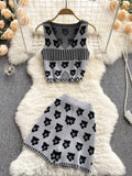 Summer Sweet Flowers Knitted Two Piece Set Women Sexy Crop Top + Shorts Suits Girls Short Vest & Pants Sets 2pcs Women Outfits