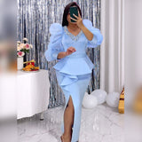 Chic Women Long Dresses Beaded Sweetheart Neck Tulle Long Sleeve High Waist Slit Dress Elegant Date Night Business Club Wear 3XL