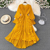 Bjlxn Holiday Style Ankle Length Long Dresses Women  Spring New V Neck Puff Sleeve Lace Elegant Evening Party Summer Dress