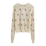 Spring Women Flowers Embroidery Jumpers Fashion Knitting Sweater Female Chic Basic O Neck Long Sleeve Pullovers Tops