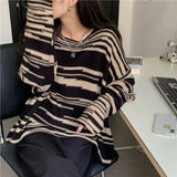 Retro Striped Sweaters Women Loose Patchwork Knitted Jumpers Vintage Streetwear Punk Gothic Long Sleeve Oversize Pullover