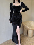 Bodycon Sexy Party Dresses Women Winter Black Evening Elegant Long Dress Ladies France Vintage Split Fishtail Vestidos Autumn