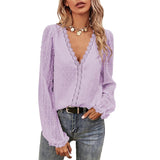 Summer Blouses Women Fashion Lace Patchwork V Neck Long Sleeve Casual Elegant Shirts Tops Office Work Plus Size Chiffon Blouse