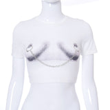 Y2K Chain Printed Crop Top Women Summer White O-Neck Short Sleeve Slim Tee Shirts Basic Streetwear Bodycon Navel Tops